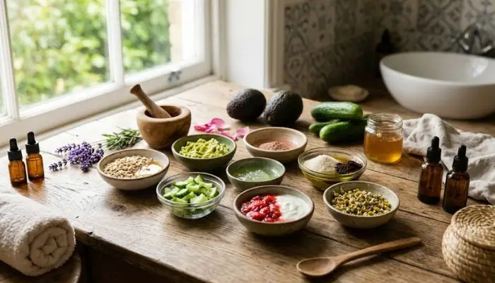 A weekly skincare routine schedule with natural ingredients and homemade treatments.