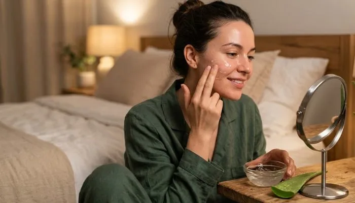 Applying fresh, clear aloe vera gel to the face as an overnight skin treatment.
