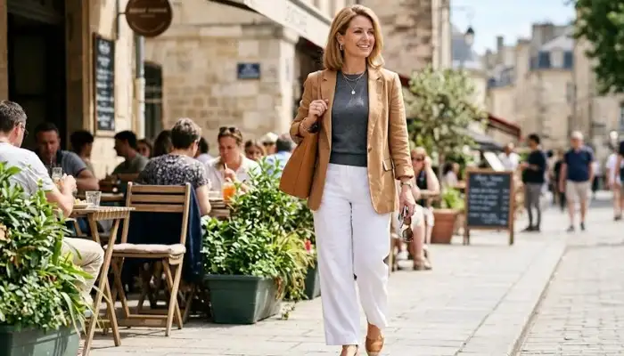 Example of a summer outfit for women over 40 featuring a camel jacket and grey knit