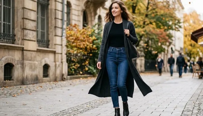 Woman wearing a long duster cardigan over a simple top to create an I-line silhouette