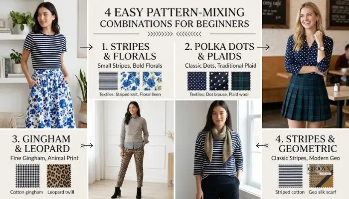 A style guide collage showing four easy pattern-mixing combinations for beginners: stripes, florals, polka dots, and plaids.