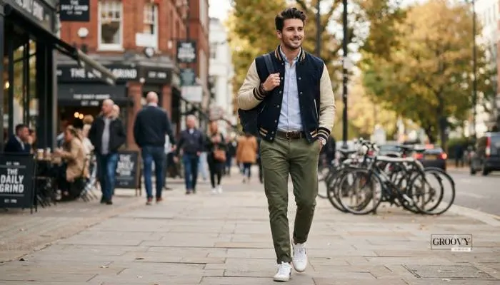 Smart casual style: Varsity jacket worn with a shirt and chinos.