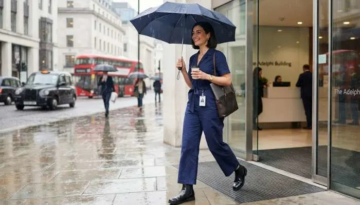 Professional woman wearing a stylish solid-color cotton jumpsuit and waterproof footwear for an office workday in the rain.
