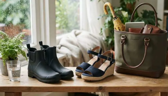 Selection of waterproof closed shoes, stylish wedges, and a tote bag ideal for monsoon weather.