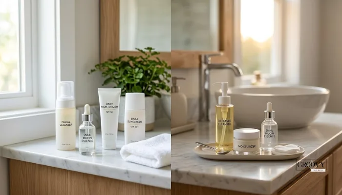Morning and evening skincare routine breakdown featuring snail mucin, moisturizer, and daily sunscreen.