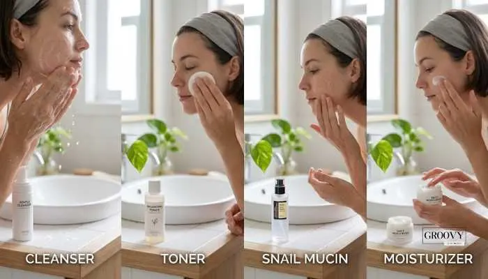 Step-by-step skincare routine graphic showing the correct order for applying cleanser, toner, snail mucin, and moisturizer.  Image 4: Damp Skin Application Tip