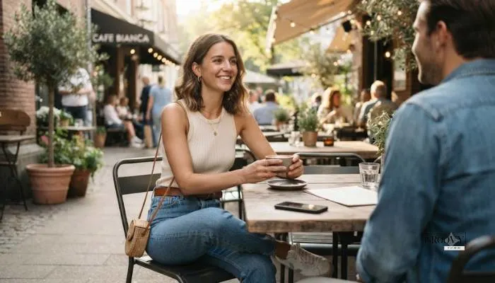 Woman wearing high-waist straight jeans and a fitted ribbed tank top for a casual date