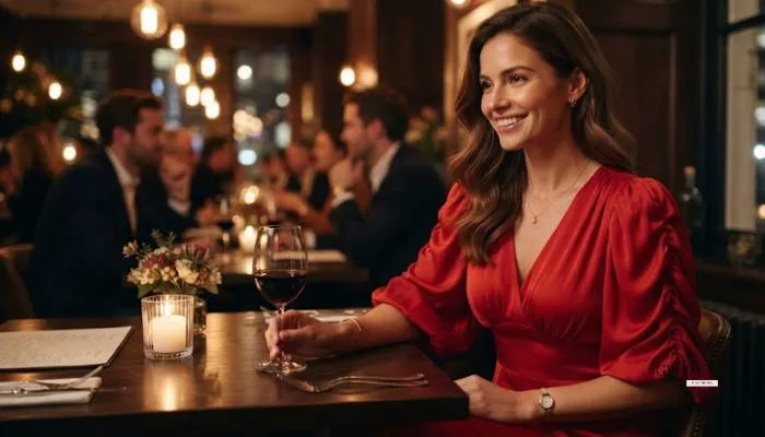 Elegant woman wearing a red lantern sleeve dress with minimal jewelry for an evening date