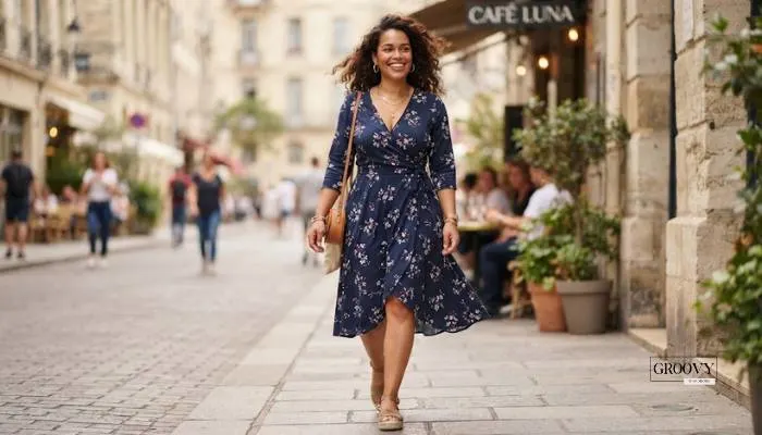 Confident woman wearing a flattering wrap dress that defines the waist for a curvy silhouette