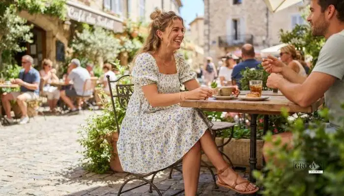Woman in a breezy babydoll dress and flat sandals for a summer daytime date