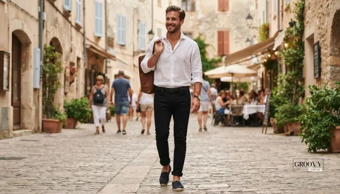 Man styling black jeans with a lightweight linen shirt, rolled hems, and casual summer footwear.