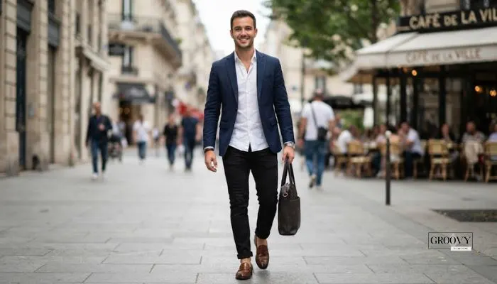 Man wearing black jeans paired with a navy blue blazer, white shirt, and leather loafers for a smart casual look.