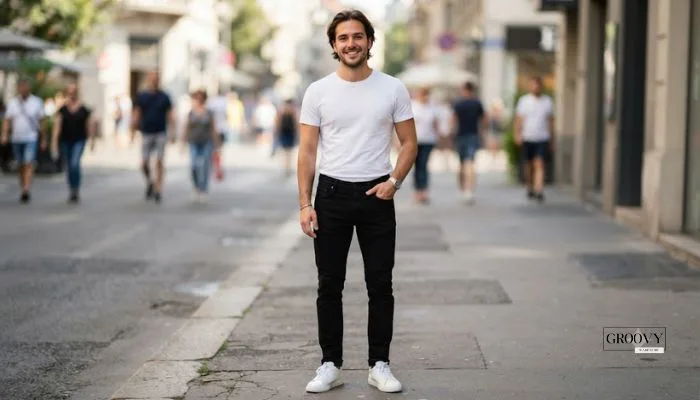 Close-up of a man wearing classic black slim-fit jeans, a clean white t-shirt, and white leather sneakers.