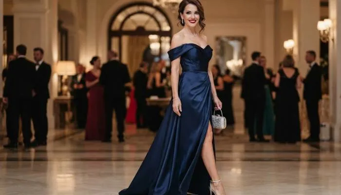 Elegant woman wearing a floor-length satin off-shoulder evening gown with heels and
