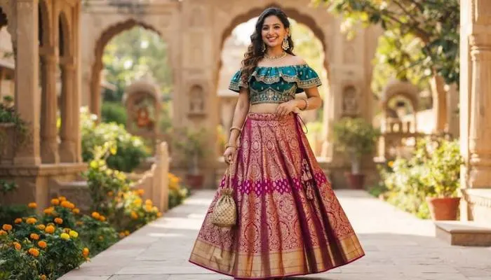 Indian fusion off-shoulder crop top paired with a traditional lehenga skirt and statement jhumka earrings