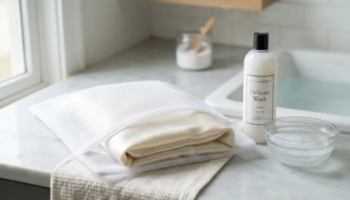 A delicate silk pillowcase placed inside a mesh laundry bag next to cold water and gentle detergent for proper washing.