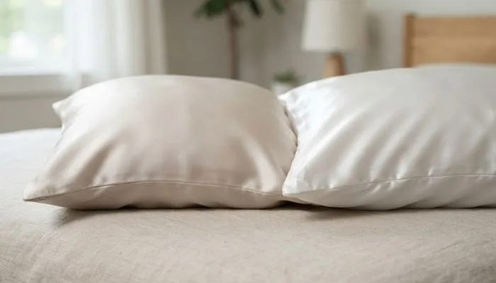 Side-by-side visual of a natural silk pillowcase and a polyester satin pillowcase showcasing texture and sheen.