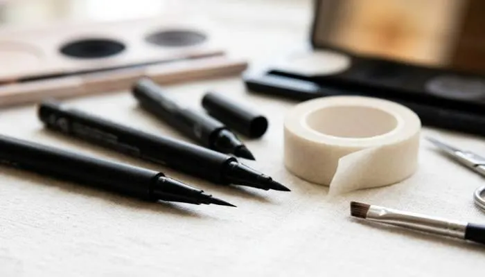 Essential tools for graphic eyeliner including fine tip liquid liners and makeup tape